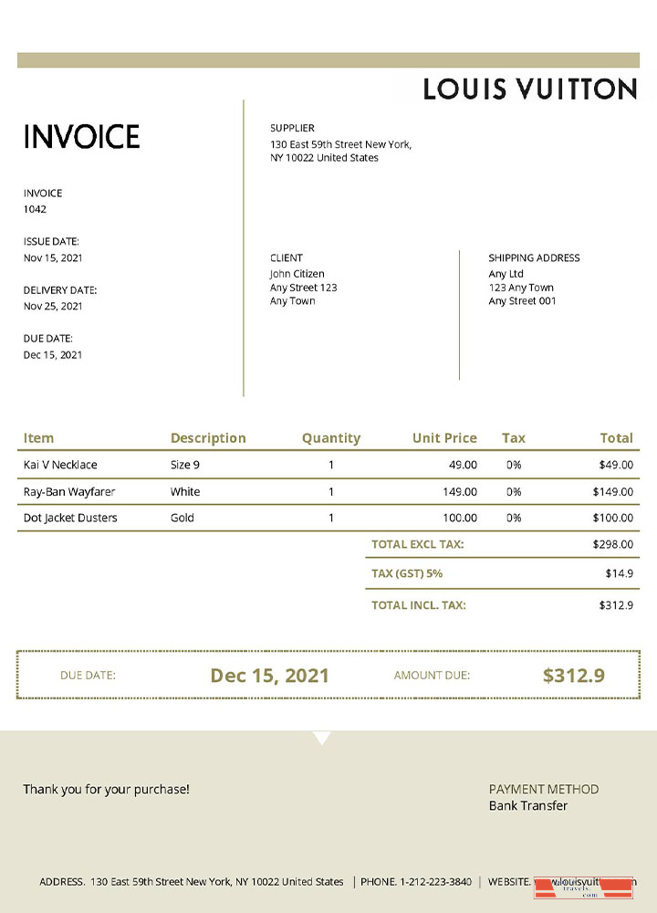 USA Louis Vuitton invoice template PSD template